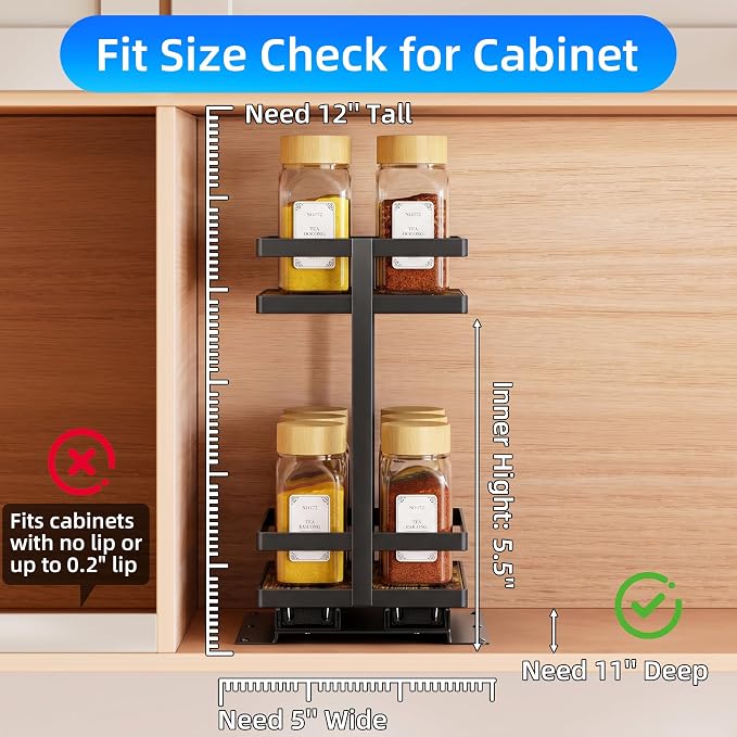 Pull Out Spice Rack 4Pcs Metal & Wood Seasoning Organizer Black | No-Drill Install | Full-Extension Silent Glide | Each Tier Holds 10–12 Standard Spice Bottles | Rustproof, Wipe-Clean Surface - Image 3