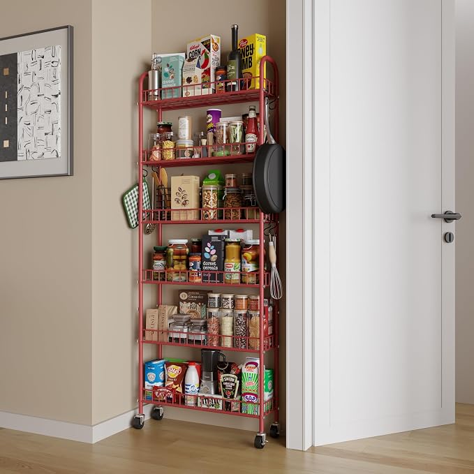 Slim Rolling Storage Cart 6 Tier, Metal Kitchen Rolling Utility Cart with Lockable Wheels for Kitchen, Bathroom, Office, Laundry Room, Small Narrow Spaces (Red 6 Inches) - Image 3