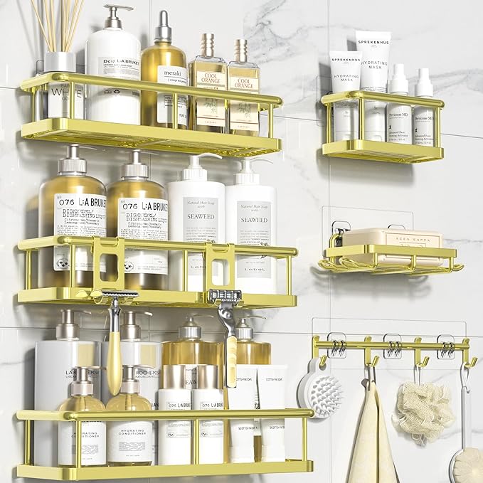 Shower Caddy Adhesive, Rustproof Shower Organizer with Soap Holder, Large Capacity Shower Shelves for Inside Shower, No Drilling Bathroom Organizers and Storage for Home Decor（6 Pack Gold） - Image 8
