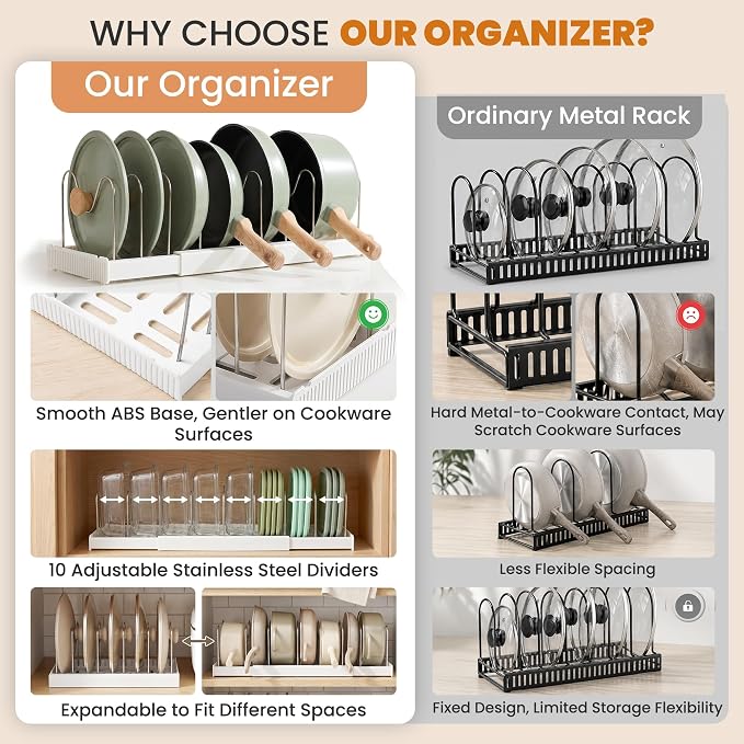 2 Pack Expandable Pot Lid Organizers with 10 Adjustable Dividers | 12.6-22.4 Inch Pots and Pans Organizer Rack Under Cabinet, Countertop, Pan Lids, Bakeware, Food Container Lids, White - Image 5