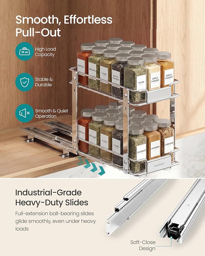SONGMICS 4 Tier Pull Out Spice Rack for inside Cabinets, Organizer, Steel | Garbage Can, Waste Bin, with Soft Close Lid, Removable Inner Bucket, for Bathroom, White ULTB112WZ01 - Image 4