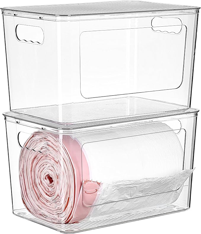 Vtopmart 2 Pack Clear Trash Bag Holder, Stackable Garbage Bag Dispenser | Trash Bag Organizer for 13/30/33 Gallon Bags, Clear Organizer Bins for Under Kitchen Sink, Laundry Room Organization by Vtopmart