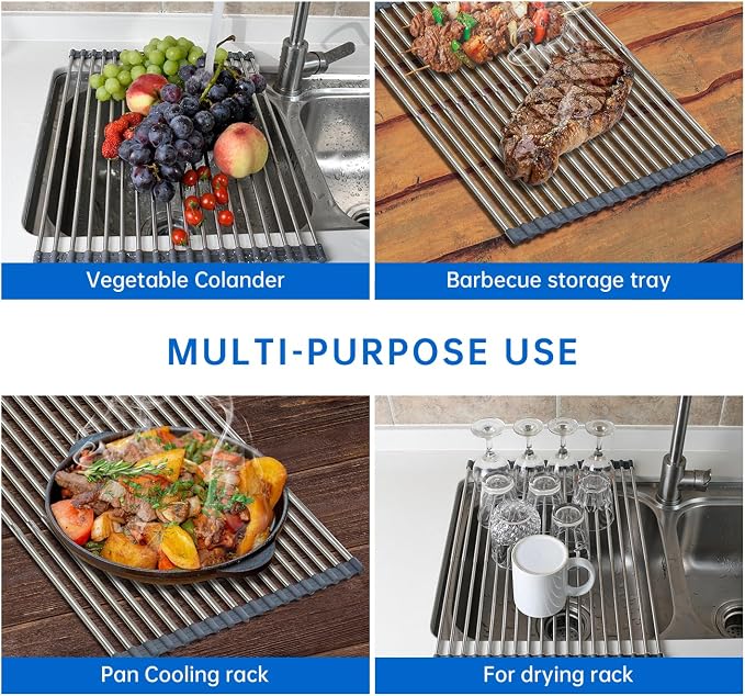 Expandable Roll Up Dish Drying Rack Over The Sink Rack, Large Dish Drainer Rack for Stainless Steel Sinks, Non-Slip Silicone Collapsible Rack 18 Tube for Kitchen, Sliver Gray - Image 5