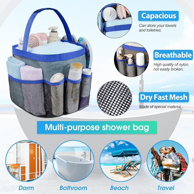 Mesh Shower Caddy Portable - 9 Pockets for College Dorm Room Essential | Large Capacity Mesh Shower Caddy with 9 Pockets, Portable Hanging Toiletry Bag for College Dorm, Gym, Camping and Beach - Image 2