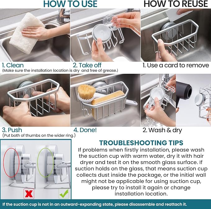 TAILI Sponge Holder for Kitchen Sink with Suction Cup-Silver, Aluminum | Rustproof Aluminum Sink Caddy for Sponges,Brushes,Stoppers & Scrapers,Removable Ventilated Quick-dry Design, holds Up 11lbs - Image 7