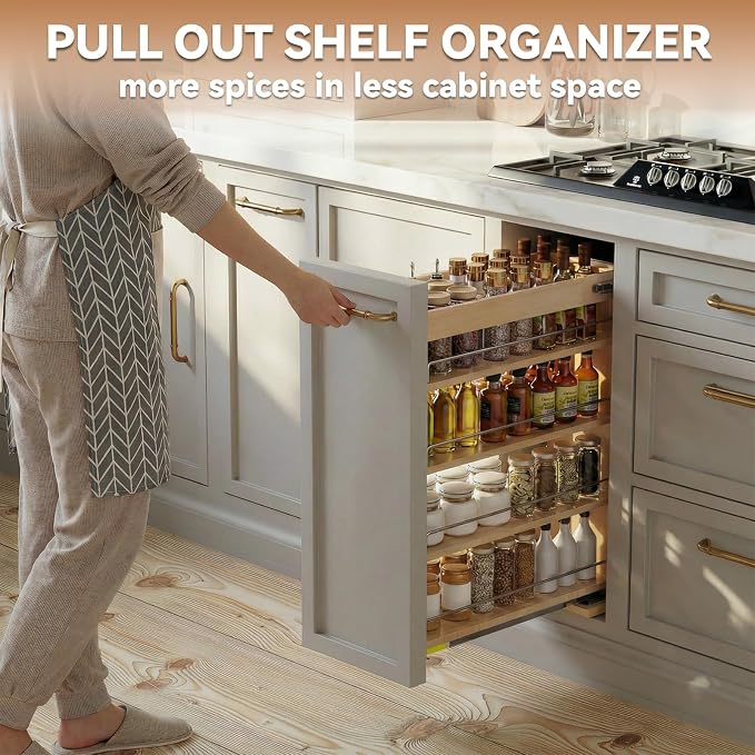 Pull Out Spice Rack Organizer for Cabinet (8" W x 22.3" D x 25.2" H), Sliding Spice Rack for Kitchen Cabinet, Wood Pull Out Cabinet Organizer for Multi-Use - Image 7