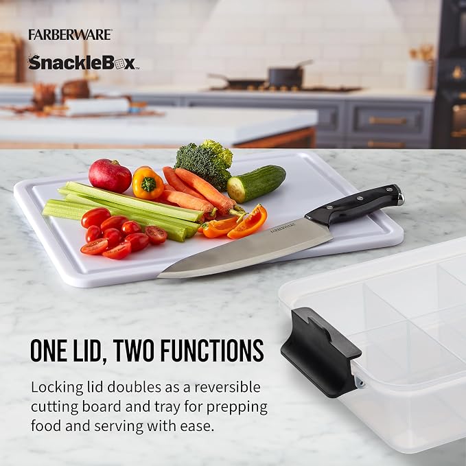 Farberware Snacklebox 7.8 x 12.7 Inch Plastic Cutting Board Lid with 7 Compartments and Locking Handles - Portable Snack Organizer for Charcuterie, Travel, Picnics, and On-the-Go Snacking - Image 5