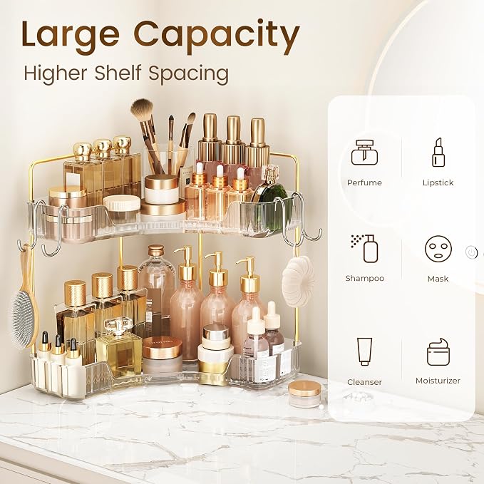 Corner Bathroom Counter Organizer 2 Tier Bathroom Organizers | Storage Countertop with Hooks Skin Care Exquisite Vanity Organizer Countertop Bathroom Storage Dresser, Kitchen-Clear - Image 3