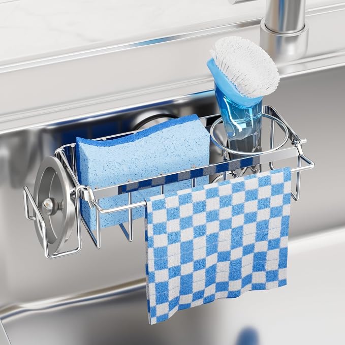 TAILI 4-in-1 Sink Caddy for Kitchen Sink with Strong Suction Cup-Silver | Removable Sponge Holder for Kitchen Sink Organizer, Rustproof 304 Stainless Steel Holder for Sponge, Brush, Scrubber, Scraper by TAILI