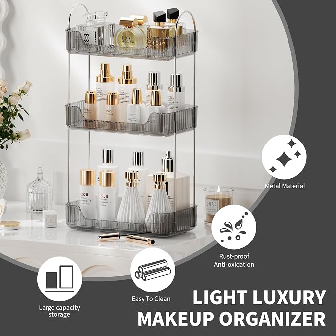 Akinbas 3 Tier Bathroom Organizer Countertop Makeup Perfume Tray Skincare Organizer for Bathroom Dresser Vanity (Grey) - Image 3
