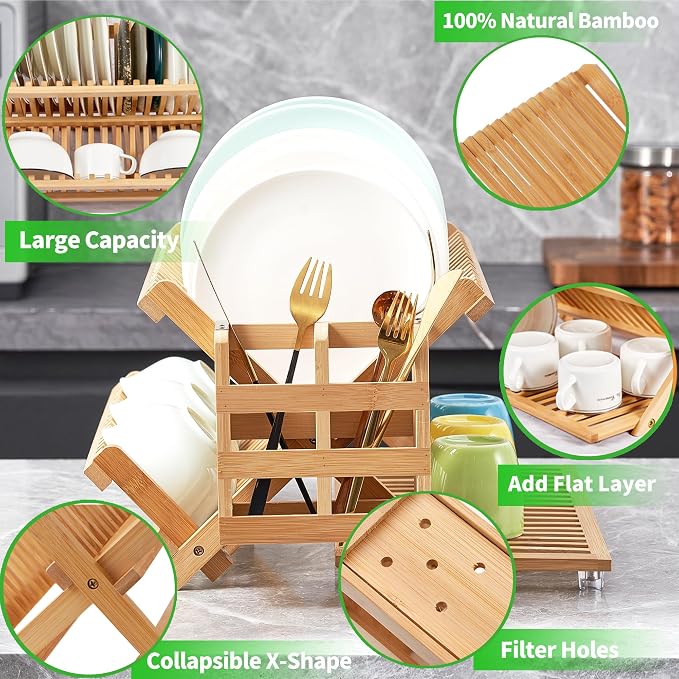 NOVAYEAH Bamboo Wooden Dish Rack, Wooden Dish Drying Drainer Rack | 3-Tier Collapsible Large Dish Drying Rack Folding Drying Holder for Kitchen Counter, Plate Holder Organization - Image 4