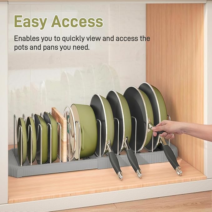 Expandable Pan Organizers Inside Cabinet with 12 Dividers Grey | Extends 12.9-21.9", Holds cookie sheets, cutting boards, pot lids and pans, iron dividers, plastic base, under cabinet rack - Image 7