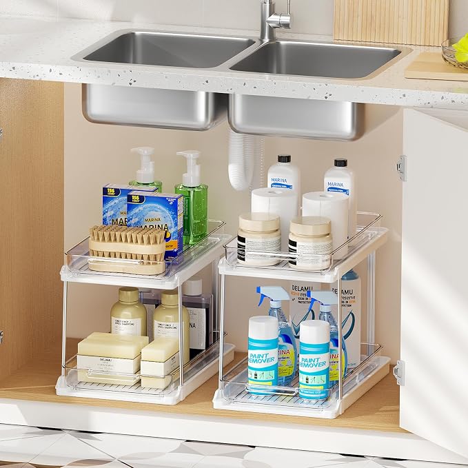 Delamu 2-Tier Bathroom Under Sink Organizers and Storage, Pull Out Cabinet Drawers with Anti-Slip Design, Multi-Purpose Storage for Kitchen, Pantry, Bathroom & Home Organization, White, 4 Pack - Image 8