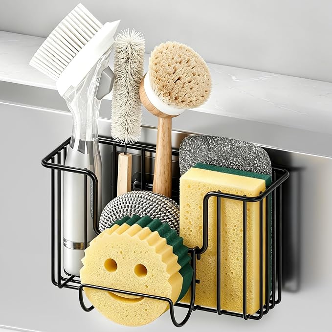 Fikoksol Sponge Holder for Kitchen Inside Sink Hanging with Adhesive Hook | Multifunctional Kitchen Sponge Caddy for Brush Storage, Metal Deep Non-Rust Kitchen Sponge Organizer Rack In Sink Accessory by HOMEACCESSORIES