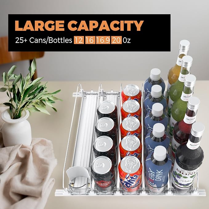 5 Rows Drink Organizer for Fridge, 15'' Soda Can Dispenser for Fridge with Pusher Glide, Width Adjustable Fridge Can Organization Hold Up to 25 Cans (White) - Image 5