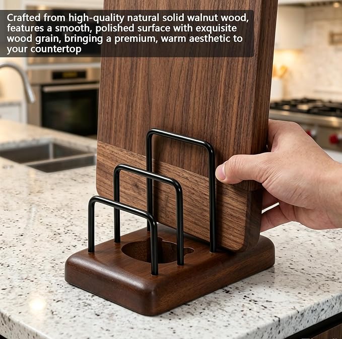 Chopping Board Rack with Walnut Base – 3 Slot Wood Cutting Board Holder | Pot Lid Stand, Baking Trays Pans Plates Cabinet Storage Divider Accessory for Home Countertop Kitchen Storage & Organizer - Image 6