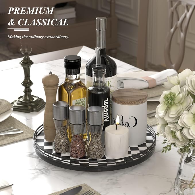 AMH 13-Inch Black and White Checkerboard Lazy Susan with Oak Wood Base | Smooth rotating oak tray with walnut finish for dining tables, kitchen counters, pantries and cabinet storage. - Image 2