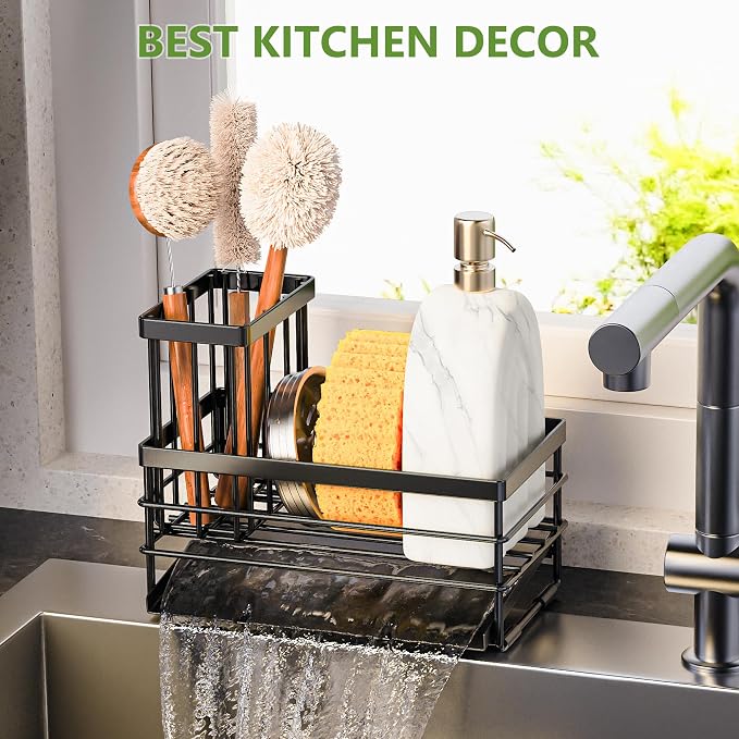 Cisily Sink Caddy Sponge Holder for Kitchen with Brush Holder and Stainless Steel Self Drain Tray, Rustproof Kitchen Sink Organizer for Sponge, Soap Dispenser Storage Accessories - Image 7