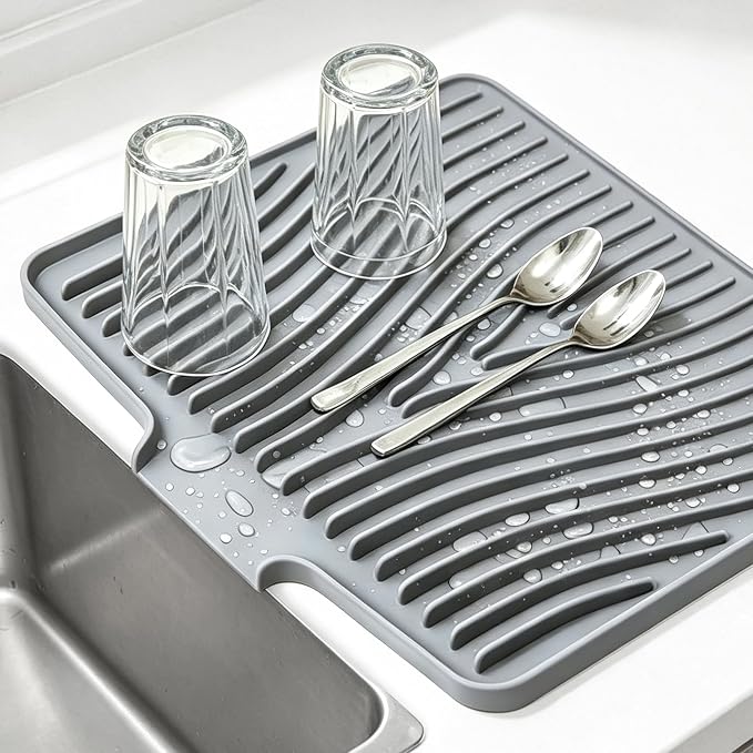 Silicone Dish Drying Mat,15.7"*13"Dish Drying Pad,Kitchen Accessories,with Built-In and Non-Slip Drain,Easy Clean, Fit for Kitchen, Bar, RV, Refrigerator and Drawer Liner, Grey by EBIGIC