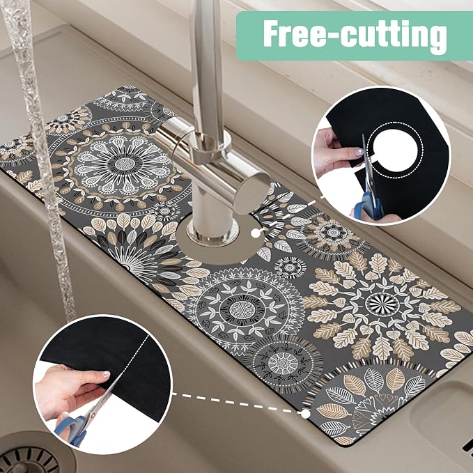 2 Pack Kitchen Sink Splash Guard Faucet Mat 24" X 5.5" Mandala Absorbent Fast Drying Mat Faucet Draining Mat Sink Splash Guard Behind Faucet Drip Catcher for Kitchen Bathroom - Image 6