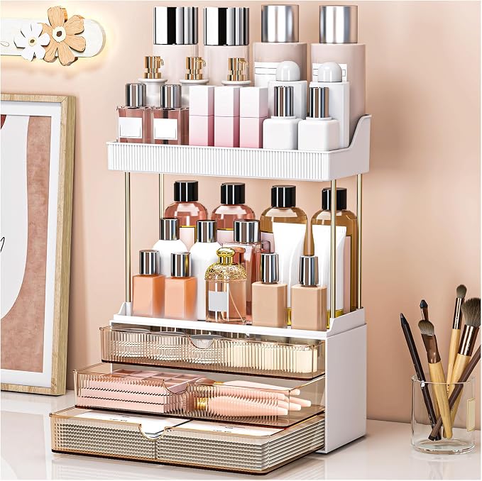 2 Sets 5 Tier Acrylic Makeup & Bathroom Vanity Organizer | 2 Set Amber, 3 drawers 2 open shelves, dustproof, wipe clean, for large skincare, perfumes, lipsticks, dresser, counter - Image 7