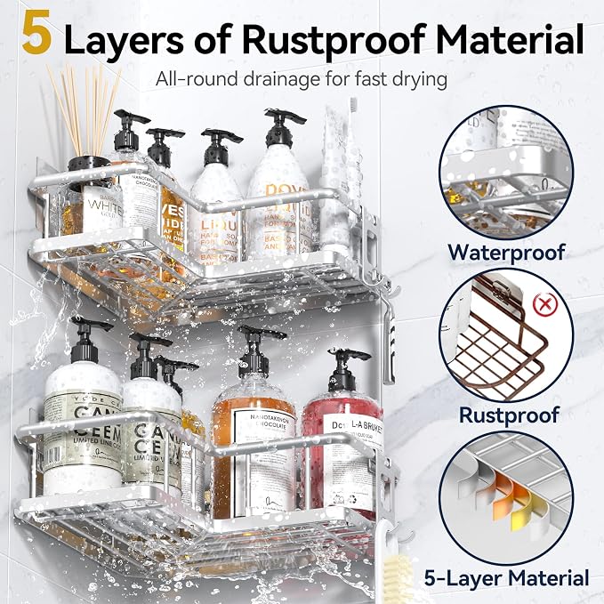 Corner Shower Caddy Adhesive, 100% Rustproof Shower Organizer, No Drill Shower Shelf for Inside Shower, Wall-Mounted Shower Storage for Homes (2 Pack, Silver) - Image 4