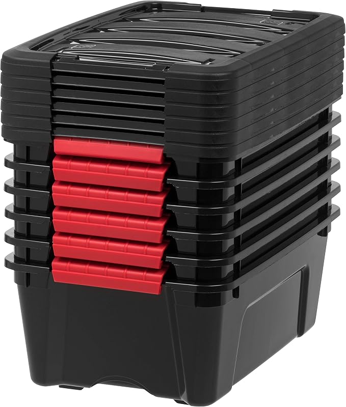 IRIS USA 6-Pack 13 Quart Storage Bins with Lids, Black | Black finish conceals stored items. Ideal for shoes, photos, documents, and small essentials. Nestable design saves space - Image 6