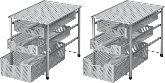 Simple Houseware Stackable 3 Tier Sliding Basket Organizer Drawer, Silver (Pack of 2) by SimpleHouseware