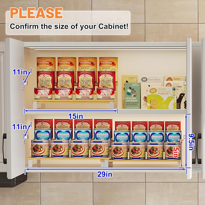 3-Tier Expandable Bamboo & Iron Can Organizer, Holds 30 Cans, White | Adjustable Can Organizer Rack for Pantry & Cabinets, Easy-Access Storage for Soda & Soup Cans, Assembly Required, White - Image 3