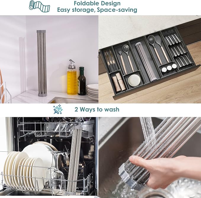 Tomorotec Roll Up Dish Drying Rack Over Sink, SUS304 Steel, 17.7x11.5,Gray | Heat Resistant to 550°F With Non-Slip Silicone Grips, Multipurpose Trivet for Hot Pots, Dishwasher Safe - Image 6