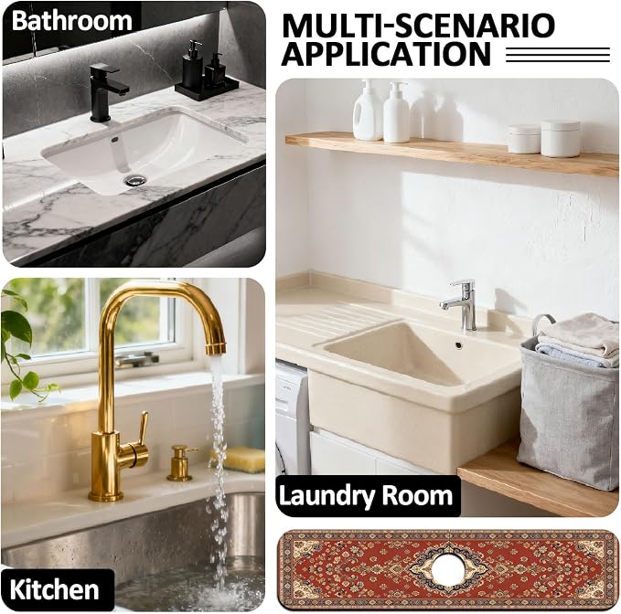 2 Pcs Kitchen Sink Splash Guard Faucet Mat Retro Red Bohemian Pattern Faucet Mat for Sinks Flower Absorbing Drying Mats for Kitchen Bathroom - Image 7