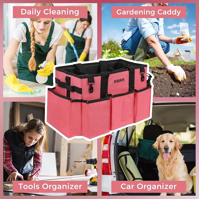 SCAVATA Wearable Cleaning Caddy Bag, Cleaning Caddy Supplies Organizer with Handle & Shoulder Straps for Housekeepers, Under Sink & Car Cleaning Tool Organizers with 4 Foldable Divider (RoseRed) - Image 7