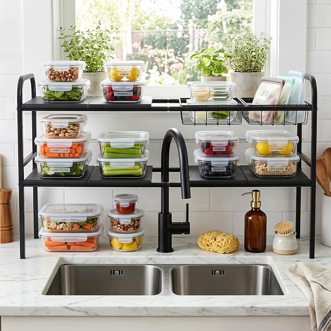 Expandable 2 Tier Under Sink Organizer, Black, 28.74-34.5 Inch Width | For Kitchen and Bathroom, 2 Storage Baskets, 6 Removable Panels, Adjustable Height Metal Shelf, Fits Pipes - Image 6