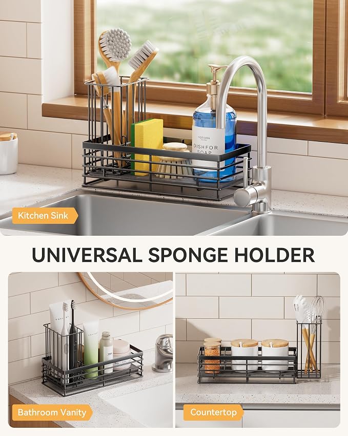 Yofidra Sponge Holder for Kitchen Sink, Sink Caddy Organizer with Stone Drying Mat, Kitchen Countertop Organizers and Storage Essentials, 304 Stainless Steel (Black, 9.29″ L) - Image 4