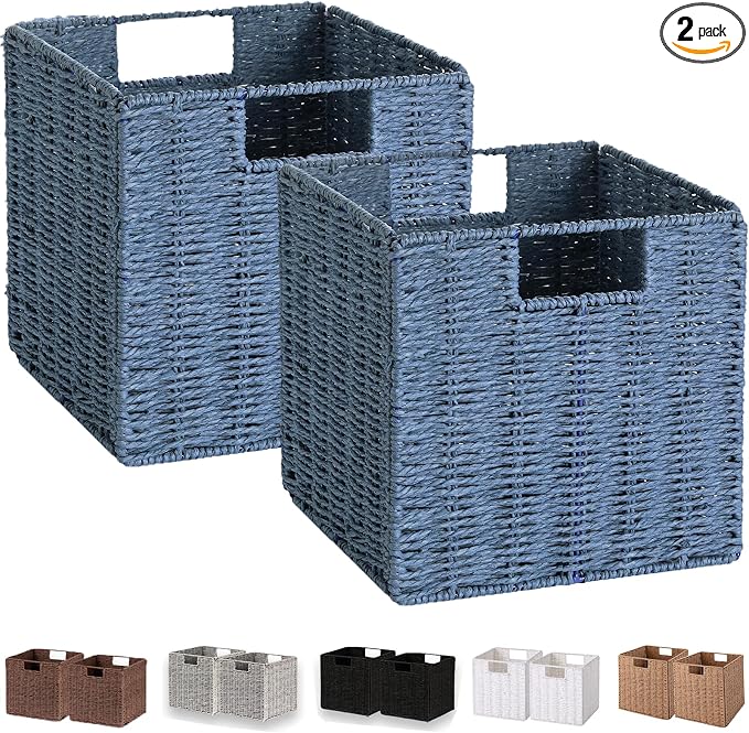 Wicker Storage Basket, Set of 2 Hand-Woven Storage Baskets for Shelves with Handles, Foldable Cube Storage Bins Organizer, Blue 13x13 Inch Large Wicker Baskets for Pantry Bedroom Decor, Blue by Vagusicc