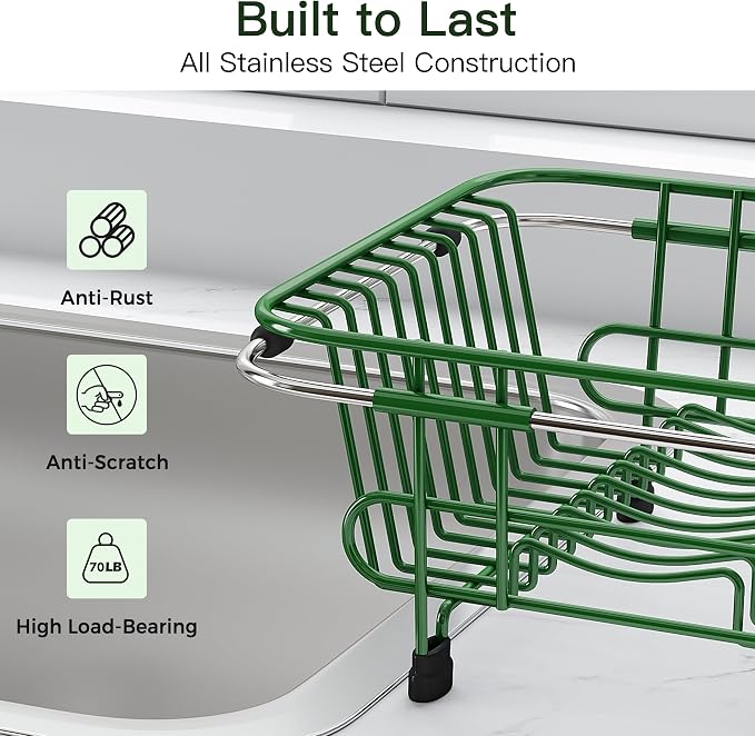 JASIWAY Green Dish Drying Rack in Sink with Utensil Holder, RV, Apartment | Over Sink Expandable Stainless Steel Dish Drainers for Compact Kitchen, Space Saving, Fast Drain, Rustproof, For 1-2 people - Image 7