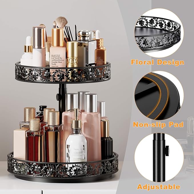 2 Tier Lazy Susan Organizer Turntable Height Adjustable, Black | 12 Inch Two Tier Lazy Susan,Metal Easy Assembly Spice Rack Organizer Rotating for Cabinet Dining Table Top Kitchen Countertop - Image 4