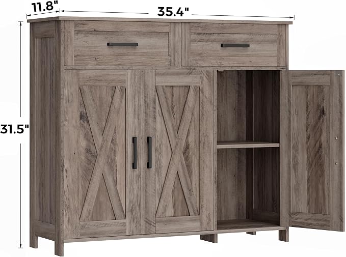 Homhedy Coffee Bar Storage Cabinet with Drawers, Kitchen Buffet Cabinet | Sideboard Cabinet with Doors, Farmhouse Buffet Cabinet, Adjustable Shelves, for Kitchen / Dining / Living Room, Greige - Image 2