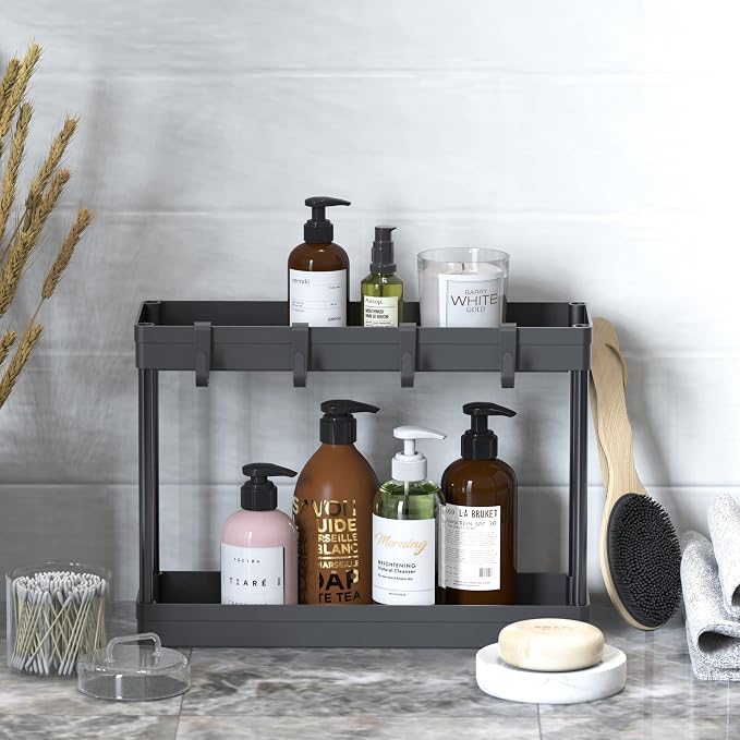 Simple Houseware 2-Tier Under Sink Organizer Storage Tray with Hooks, Black - Image 4