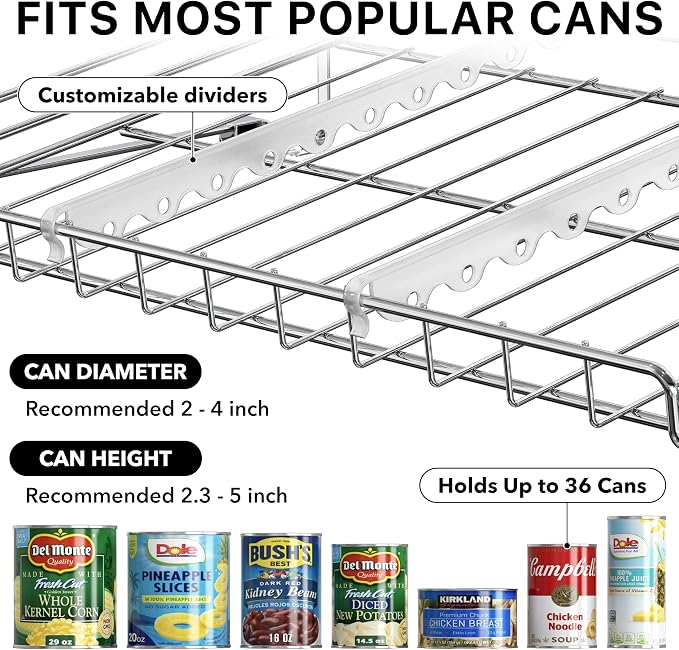 Simple Houseware 3-Tier Stackable Can Organizer Rack Hold 36 Cans, Chrome | Can Food Storage Dispenser for Pantry/Cabinet, Adjustable Dividers – 11.5" D x 17" W x 13.75" H - Image 6