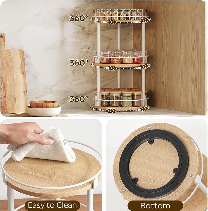 3-Tier Lazy Susan Organizer, Rotating Spice Rack, Spinning Organizer, Industrial Turntable Spice Rack Organizer for Cabinet, Kitchen Countertop, Pantry, White and Natural SR23WN - Image 6
