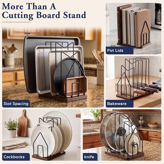 5 Slot Cutting Board Holder for Counter, Black Metal Kitchen Cabinet Organizer with Rustic Brown Wooden Base, Kitchen Countertop Pots Pan Lids Rack Organizer (1 Pc) - Image 4