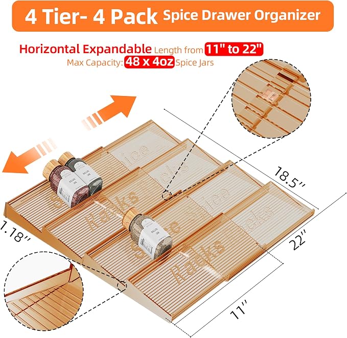 Spice Drawer Organizer, 4 Tier- 4 Pack Amber Acrylic Drawer Seasoning Organizer, Expandable From 11'' to 22'' Kitchen Spice Rack Organizers and Storage for Drawer (Jars not included) - Image 2