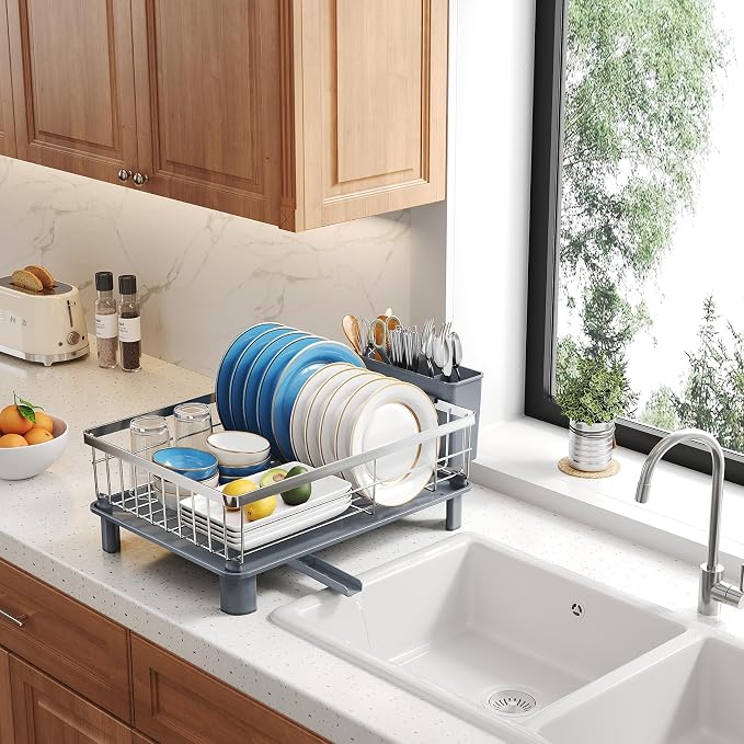 SNTD Dish Drying Rack for Small Kitchen Counter, 11" W x 15" L, Silver | Space Saving, Rotating Spout & Angled Drainboard for Quick Drainage, Stainless Steel, Removable Utensil Holder - Image 9