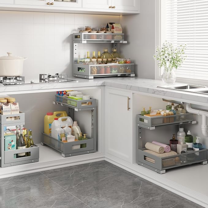 2-Pack Under Sink Storage Organizer, Large 2-Tier Elegant Mesh Pull Out Shelf for Kitchen and Bathroom Cabinet Organization, L-Shaped and Adjustable Height Design-Gun Gray - Image 6