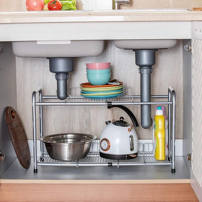 FlagShip 2 Tier Under Sink Organizers and Storage Rack Expandable Cabinet Shelf for Kitchen Bathroom Silver (17-25 inches) - Image 7