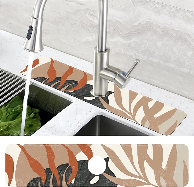 Mid Century Boho Leaves Kitchen Sink Splash Guard Absorbent Fast Drying Mat Faucet Draining Guard Behind Faucet Drip Catcher for Kitchen Bathroom 5.5"24" - Image 4