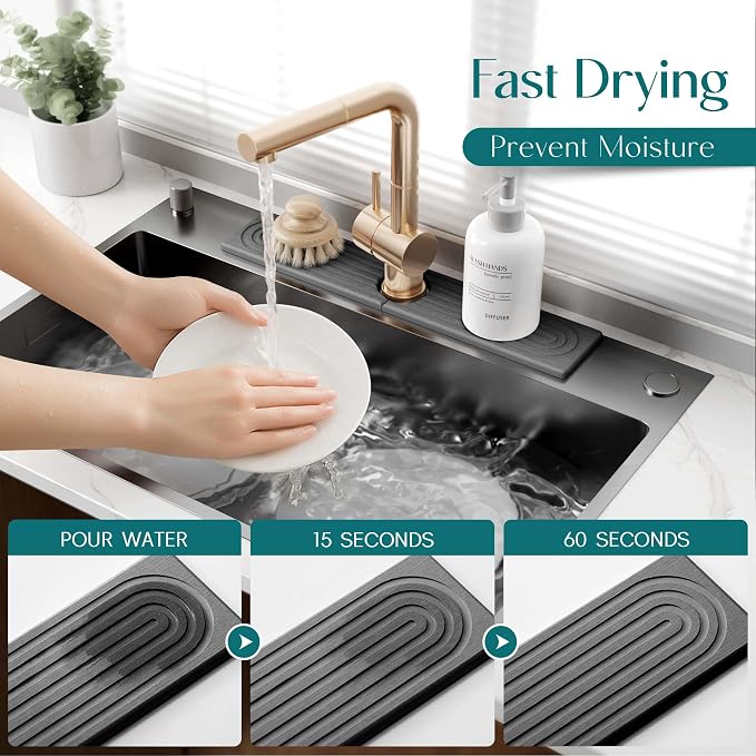 Diatomite Stone Sink Candy - Instant Dry Stone Sink Tray around Faucet, Prevents Moisture Buildup - Faucet Splash Guard for Bathroom Counter (Dark Grey, 20" x 3.9") - Image 3