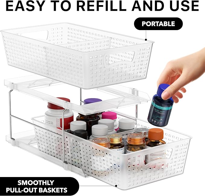 Simple Houseware 2 Tier Pull-Out Sliding Drawer Under Sink Storage, Clear | Great for Kitchen Bathroom Tray Shelf Organizer - Image 3