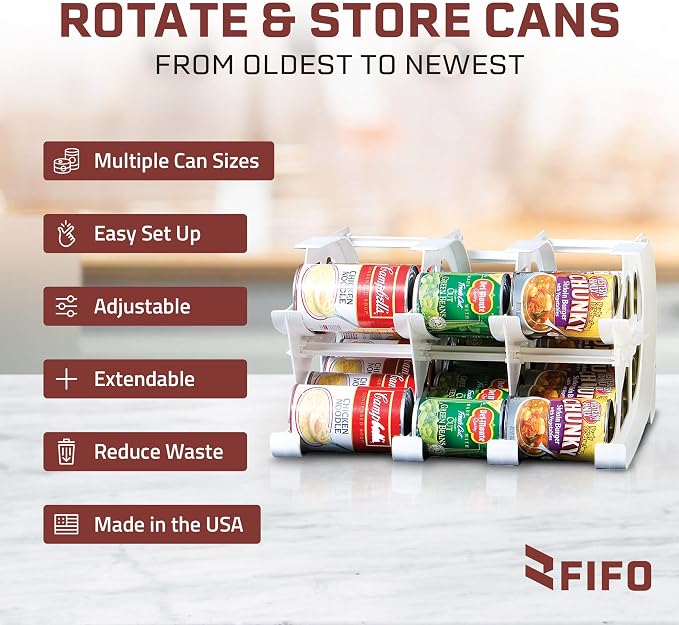 FIFO Can Tracker 2-Pack - 2-Tier Rotating Food Can Organizer for Pantry, Expandable Soda Can Storage for Kitchen, Holds 30 Cans of Food or Soda - Image 2